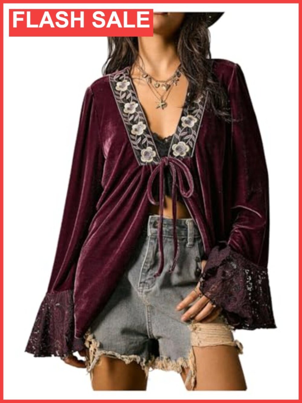 Womens Velvet Blouse Deep V Neck Lace Long Sleeve Knot Front Floral